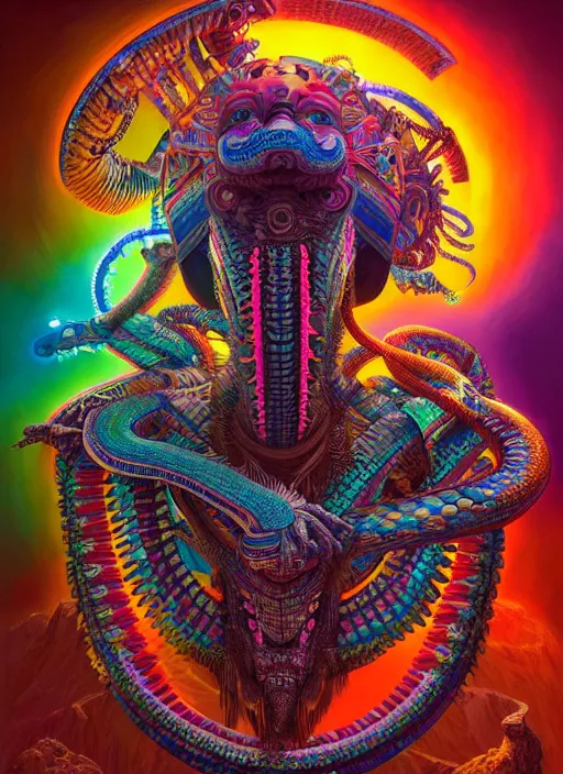 Image similar to hyper detailed ultra sharp 3 d render like a oil painting aztec serpent warrior princess, fractal plane, deep voyage, parallel existence, earthwave, colorful, neon, ornate, intricate, digital painting, concept art, smooth, sharp focus, illustration, art by artgerm and greg rutkowski and h. r. giger, 8 k