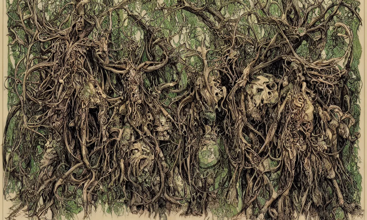 Image similar to hyperdetailed art nouveau portrait of treebeard and swamp thing as a cthulhu eyeball moose skull wendigo swamp thing creatures, by michael kaluta, pushead and bill sienkiewicz, photorealism, claws, skeleton, antlers, fangs, forest, wild, bizarre, scary, lynn varley, lovern kindzierski, steve oliff