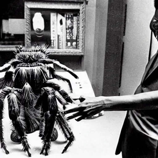 Image similar to miles davis shaking hands with a giant humanoid tarantula