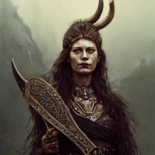 Image similar to Official photo of a majestic fierce viking woman, leader, fear, scarred, highly detailed, viking attire, cinematic, 8k, 1080s, by Stanley Artgermm, Tom Bagshaw, Greg Rutkowski, Vincent di Fate, Carne Griffiths, Ayami Kojima, trending on DeviantArt, hyper detailed, full of color, digital art,