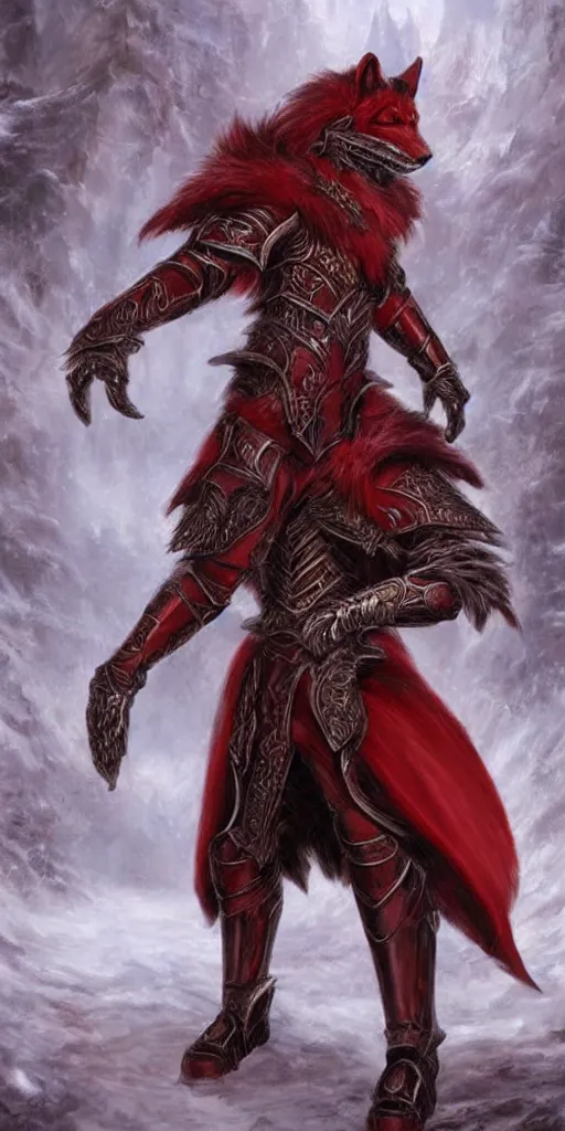 Prompt: beautiful, highly detailed, anthropomorphic elegant crimson wolf knight furry in armor, magic the gathering