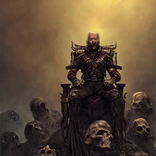 Image similar to joe biden atop a throne of skulls, fantasy, highly detailed, digital painting, artstation, cigarette, concept art, sharp focus, illustration, octane render, art by artgerm and greg rutkowski and magali villeneuve, dark color scheme