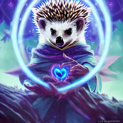 Prompt: Hedgehog magus, Tzeentch, portrait, nature, fairy, forest background, magic the gathering artwork, D&D, fantasy, cinematic lighting, centered, symmetrical, highly detailed, digital painting, artstation, concept art, smooth, sharp focus, illustration, volumetric lighting, epic Composition, 8k, art by Akihiko Yoshida and Greg Rutkowski and Craig Mullins, oil painting, cgsociety