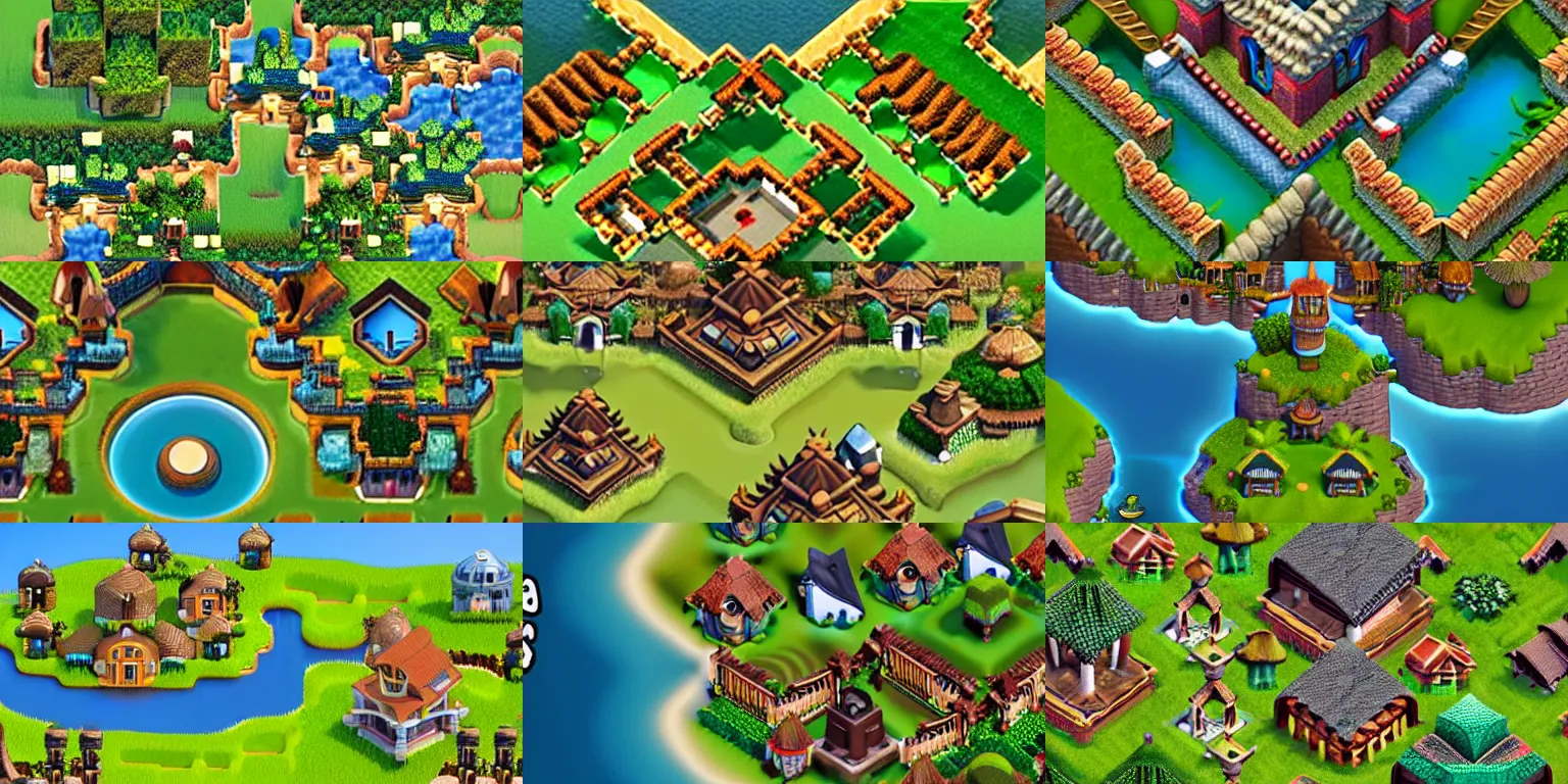 Prompt: aerial view of village on island in the style of clash of clans