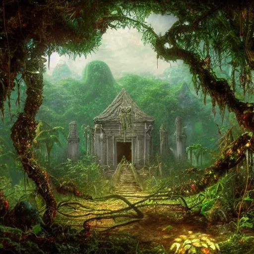 Prompt: A sinister and abandoned temple, surrounded by vines and flowers, in a jungle, Lovecraft, horror, well detailed, 8k, by Thomas Kinkade and Albert Bierstadt