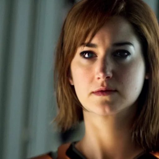 Prompt: A still of Shailene Woodley as Black Widow in Iron Man 2 (2010), close-up