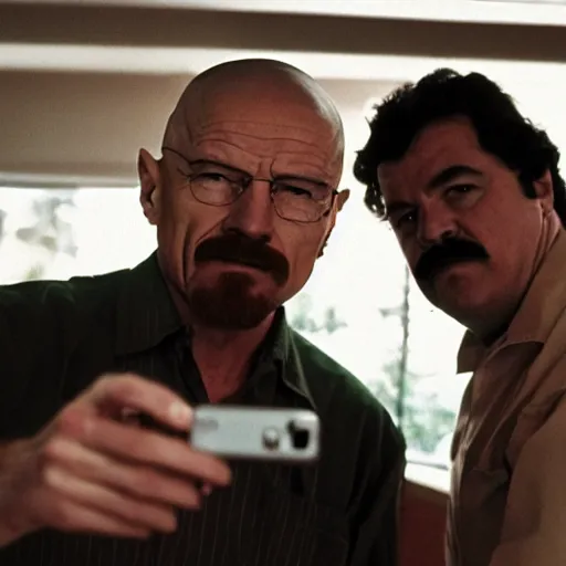 Image similar to walter white taking a selfie with pablo escobar, hd 4 k photo