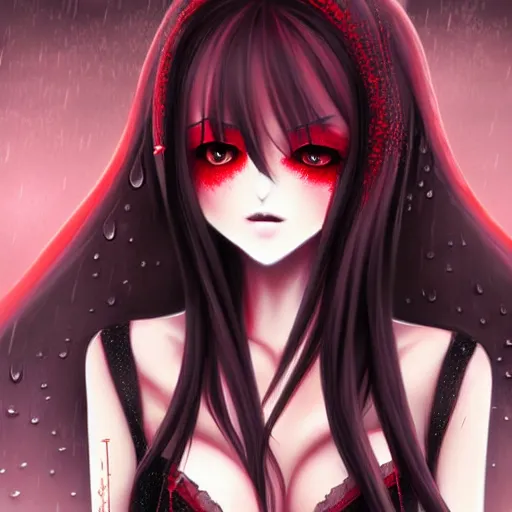 Image similar to beautiful seductive female vampire, in the rain, highly detailed, painting, dark red and black color palette, intricate, high quality anime artstyle, in the style of sana takeda
