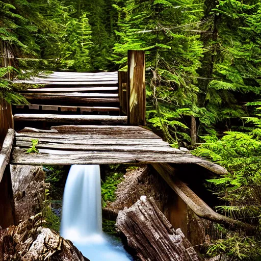 Prompt: Cabin in Canadian forest, creek, wooden bridge, waterfall, award winning photo, 100mm lens, f2.8, low contrast