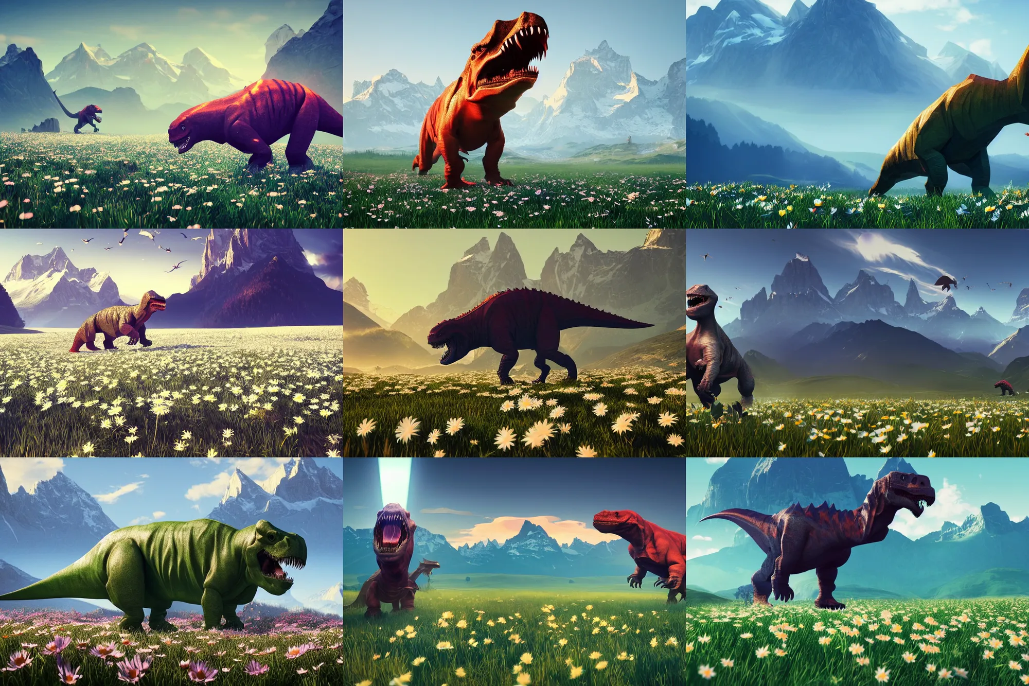 Prompt: lowpoly ps 1 playstation 1 9 9 9 glowing tyrannosaurus standing in a field of daisies, swiss alps in the distance digital illustration by ruan jia on artstation