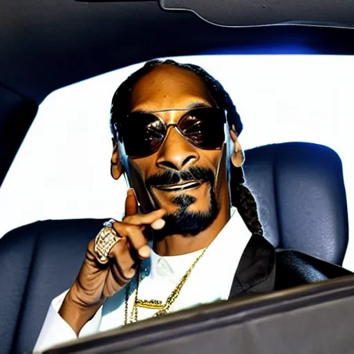 Image similar to Snoop Dogg with a smile on his face, sitting in a police car, there is marijuana everywhere in the car, and a lot of smoke