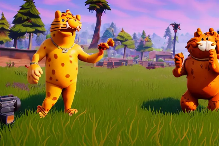 Prompt: a screenshot of a player with a garfield skin in fortnite ( 2 0 1 7 ), garfield and friends public event in fortnite