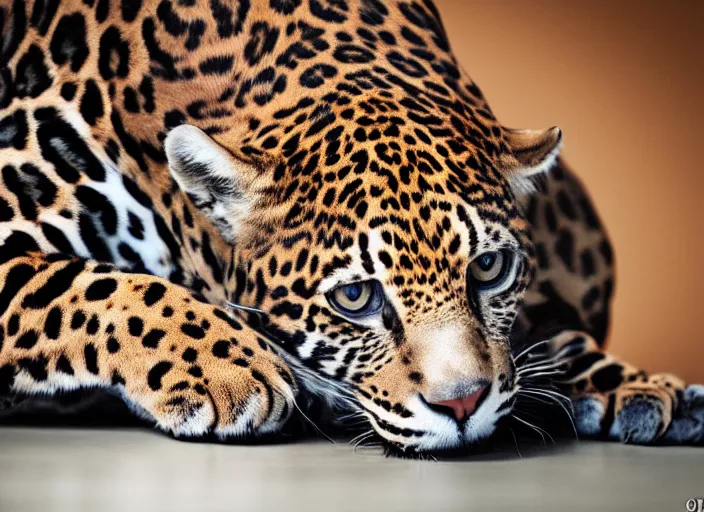 Image similar to photography of a Jaguar Cat . watching outside the window. on a bed. in a 70's room full of vinyls and posters, photorealistic, award winning photo, 100mm, sharp, high res