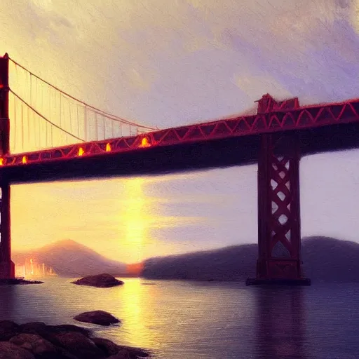 Prompt: golden gate bridge, hudson river school, dramatic lighting, artstation, trending