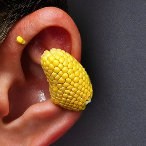 Prompt: human ear growing on an ear of corn