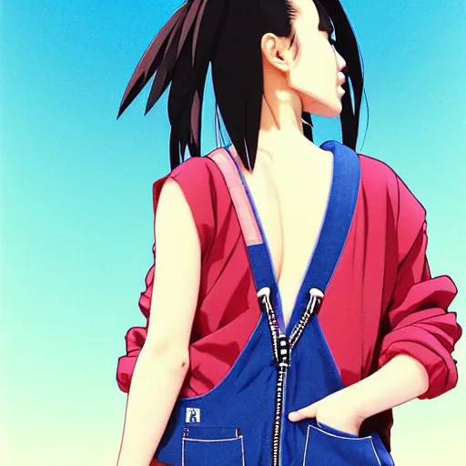 Image similar to a beautiful japanese natalie portman gravure model, wearing oversized native designer bomber jacket and leotard with overalls, bulky poofy bomber jacket with mesoamerican patterns, mesoamerican native street fashion, gapmoe yandere grimdark, trending on pixiv fanbox, painted by greg rutkowski makoto shinkai takashi takeuchi studio ghibli, akihiko yoshida