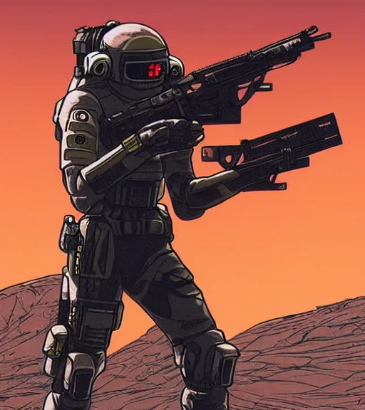 Image similar to a cyberpunk soldier with tactical gear and a rifle patrols a Japanese city on mars, Industrial Scifi, detailed illustration, character portrait, by Martin Grip and Moebius