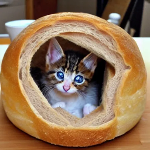 Image similar to kitten living inside a bread, hyper detailed