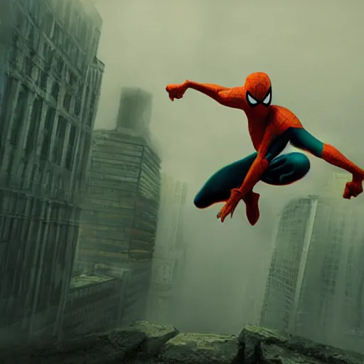 Image similar to moody atmospheric render of an orange and green spiderman by greg rutkowski and marc silvestri made with unreal engine