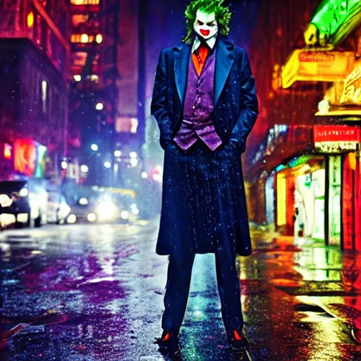 Prompt: night flash portrait photography of thejoker on the lower east side by annie leibovitz, colorful!!, nighttime!, raining!