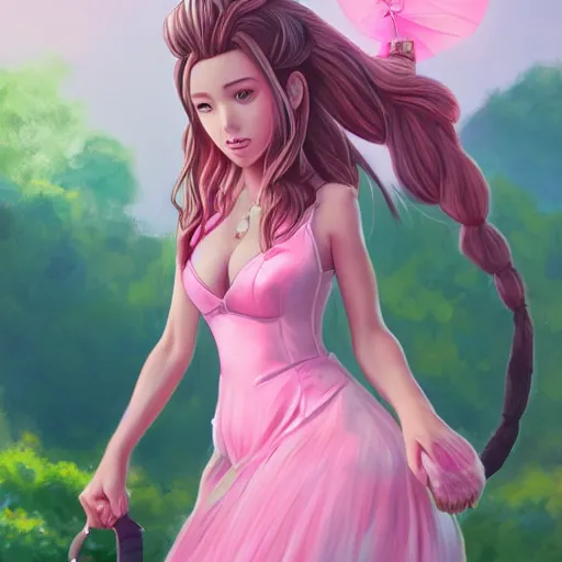 Prompt: pink dress aerith aeris by logan cure, BangkuART, sakimichan, yan gisuka, zeronis, dan eder, nick silva, Ja Mong, 4k, artstation