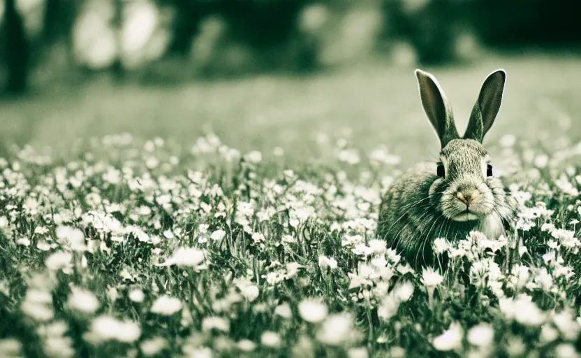 Prompt: Pentax K-1000, rabbit in flowers, analogue photo quality, blur, unfocus, monochrome, 35mm