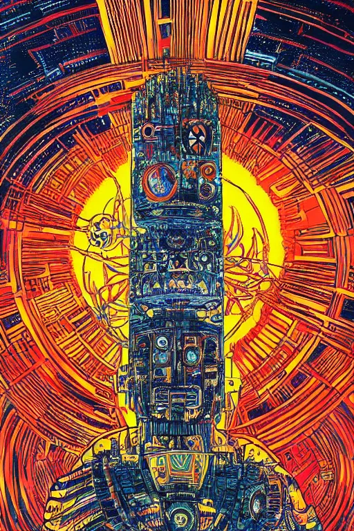 Image similar to a painting of a blazing geometric sun above a totem of robot heads, detailed, 4 k, by stanley donwood philippe druillet and victo ngai, juan gimenez