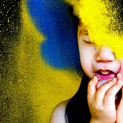 Prompt: crying girl covered by yellow and blue dust