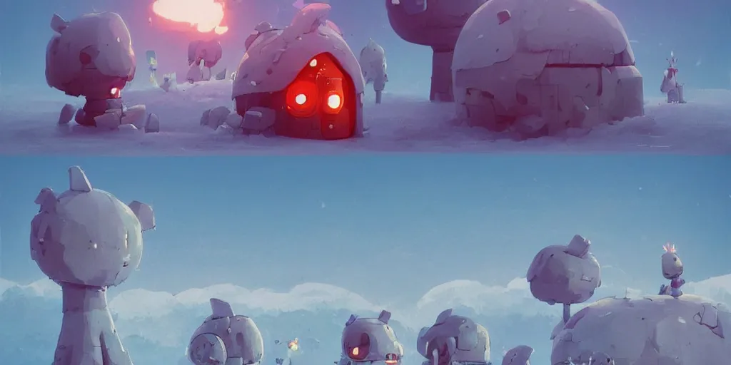 Image similar to cute anime monsters in front of an igloo by Goro Fujita and Simon Stalenhag , 8k, trending on artstation, hyper detailed, cinematic