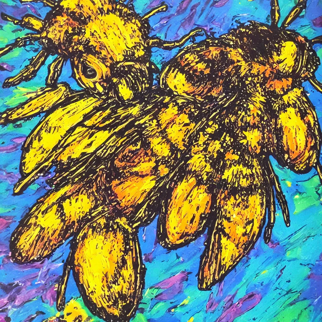 Prompt: large different coloured comic bees painted in 2 inch thick!!! impasto shiny dripping oil paint