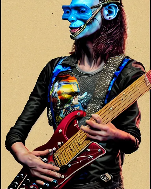 Image similar to a portrait of an anthropomorphic cyberpunk turtle shredding an electric guitar by sandra chevrier, by jon foster, detailed render, tape deck, epic composition, cybernetics, 4 k realistic, cryengine, realistic shaded lighting, sharp focus, masterpiece, by enki bilal