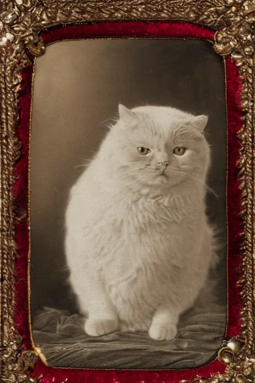 Image similar to a magnificent tintype portrait of a fluffy fat cat on an embroidered velvet cushion on a neo - rococo gilded little bed with precious stones, ball of yarns all around, photorealistic, photography, wide shot