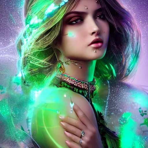 Image similar to wonderful princess with smooth fair skin, alluring eyes, green jewelry, breathtaking, elegant, intricate, hyper detailed, accent lighting, 4 k glamour photography, octane render