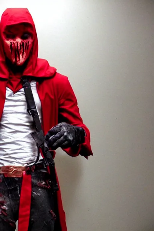 Image similar to red hood cosplay, creepy, disturbing, bloody, darkness, grainy