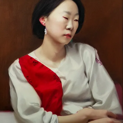 Image similar to portrait of a woman wearing white and red, oil painting by leng jun.