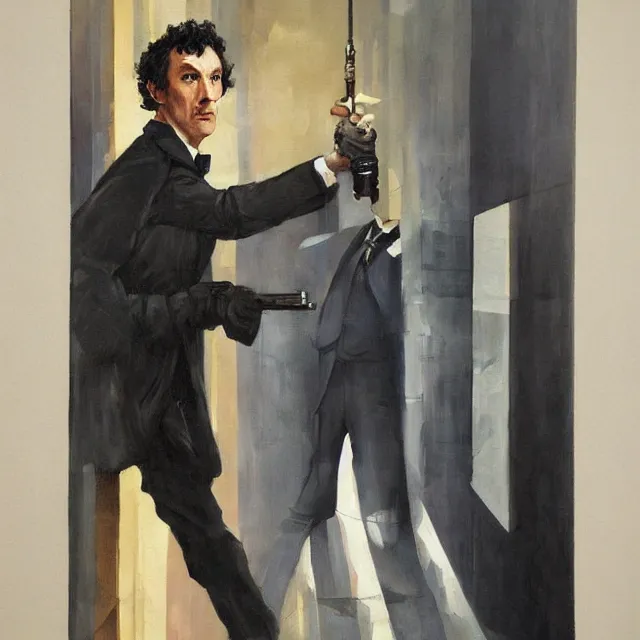 Image similar to an interesting painting of sherlock holmes, dynamic perspective, modern style