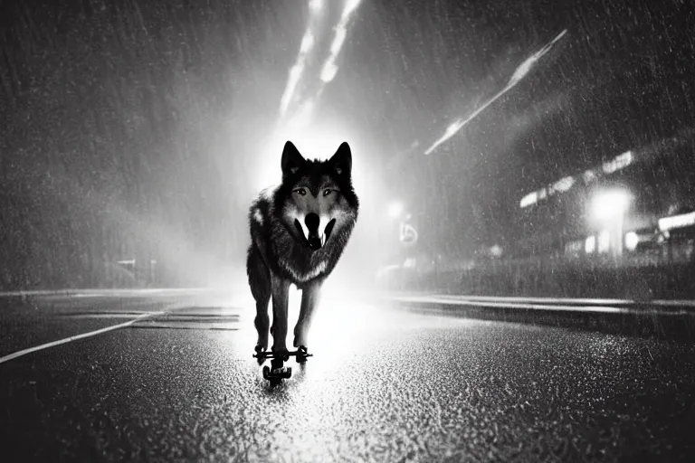 Prompt: an anthropomorphic male wolf riding on a skateboard, black sunglasses!, black backwards cap!!, night, rain, cinematic, photograph, volumetric lighting, f 8 aperture, cinematic eastman 5 3 8 4 film, photorealistic