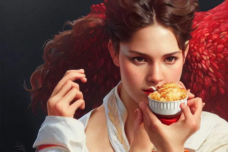 Image similar to kfc chicken, portrait, elegant, intricate, digital painting, artstation, concept art, smooth, sharp focus, illustration, art by artgerm and greg rutkowski and alphonse mucha