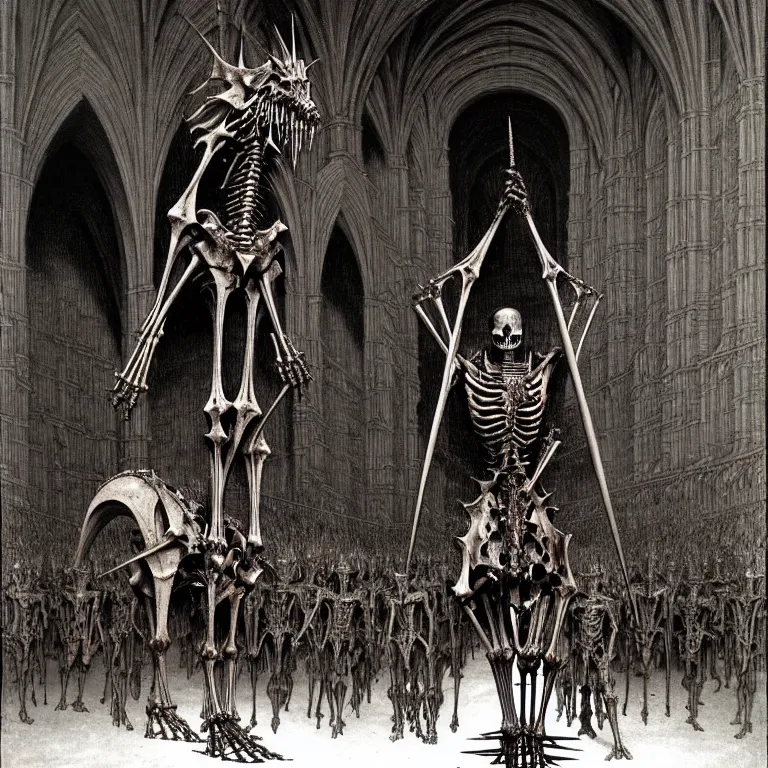 Prompt: A spiked detailed horse skeleton with armored joints stands in a large cavernous throne room with halberd in hand. Massive shoulderplates. Extremely high details, realistic, fantasy art, masterpiece, bones, ripped flesh, art by Zdzisław Beksiński, Arthur Rackham, Dariusz Zawadzki, Harry Clarke