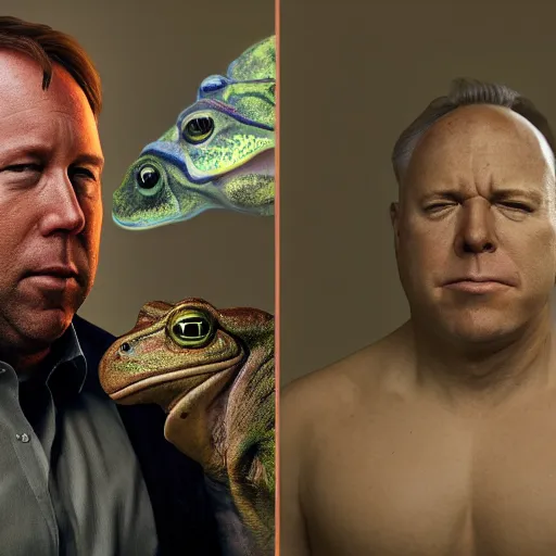 Image similar to hyperrealistic mixed media image of info wars alex jones with ( bullfrog face ), stunning 3 d render inspired art by xiang duan and thomas eakes and greg rutkowski, perfect facial symmetry, hyper realistic attributes and atmosphere, dim volumetric cinematic lighting, 8 k octane render, post - processing, masterpiece,