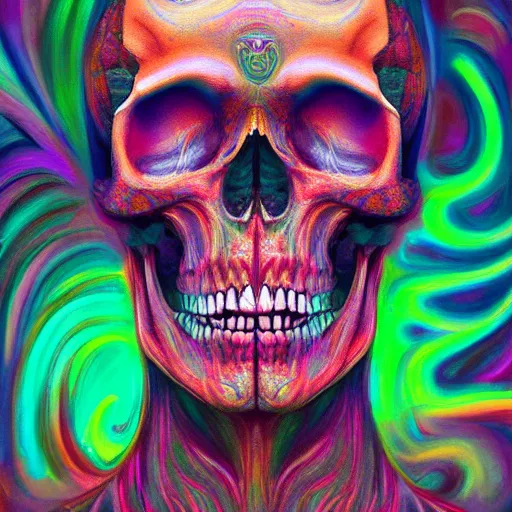 Image similar to An extremely psychedelic portrait of a skull, surreal, LSD, face, detailed, intricate, elegant, lithe, highly detailed, digital painting, artstation, concept art, smooth, sharp focus, illustration