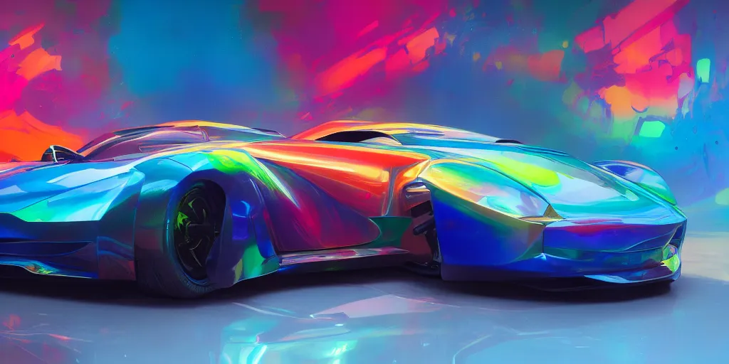 Image similar to full view of a sport car, painted in many bright colors holographic pearlescent, elegant, digital painting, concept art, smooth, sharp focus, art style from Wang Ke and Greg Rutkowski and Bruce Kaiser and Scott Robertson and Dmitry Mazurkevich and Doruk Erdem and Jon Sibal, small style cue from Blade Runner