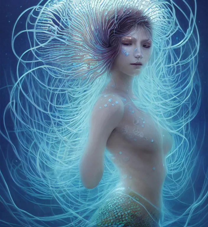 Prompt: underwater portrait of a goddess mermaid with (reaction diffusion) scaled fish skin Bioluminescent phoenix jellyfish, Her breath shot a haze of steam out into the frosty morning air concept, soft light, soft mood, realistic body features and face, illustration,intricate ornament halo, painting oil on canvas by Elena Zhurikhina and Goro Fujita and Charlie Bowater, octane render trending on artstation, 4k, 8k, HD