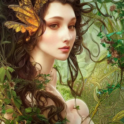 Image similar to a photograpic of lady nature, cute, fantasy, intricate, elegant, highly detailed, digital painting, artstation, concept art, smooth, sharp focus, illustration, art by artgerm and H R Giger and alphonse mucha