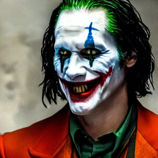 Image similar to film still of Keanu Reeves as joker in the new Joker movie