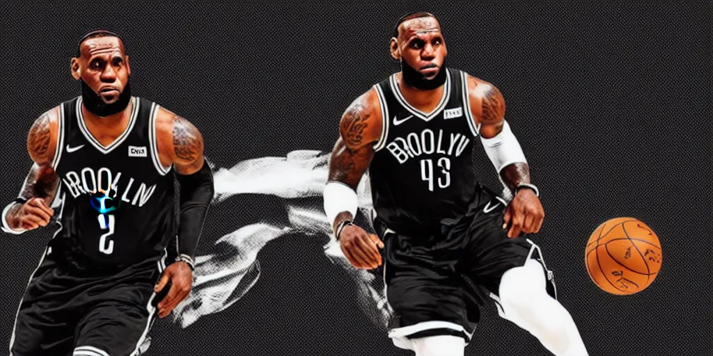 Prompt: photograph of lebron james in a brooklyn nets jersey portrait black background