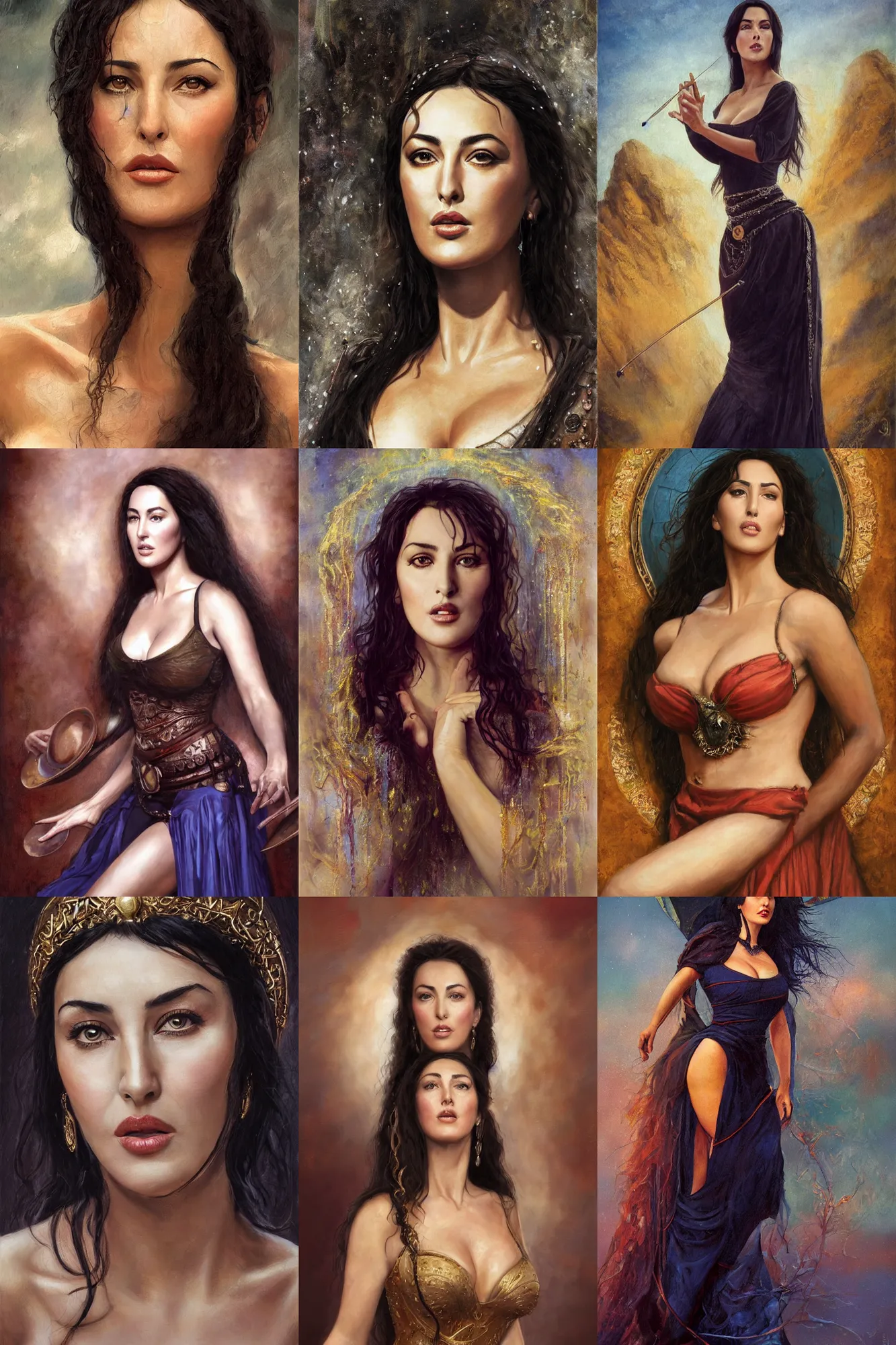 Image similar to a full body high detail fantasy portrait oil painting illustration of young monica bellucci as a beautiful sophisticated singing bard woman by justin sweet with face and body clearly visible, in a scenic background, pupils visible, realistic proportions, d & d, rpg, forgotten realms, artstation trending, high quality, sombre mood, artstation trending, muted colours, entire person visible!