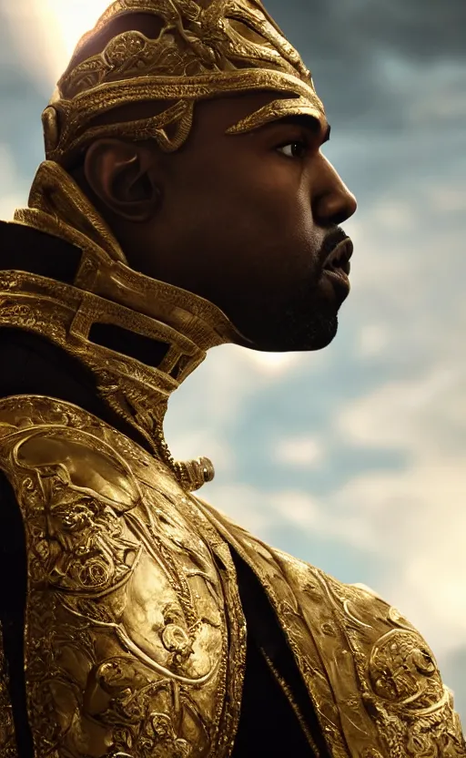 Image similar to Portrait of Kanye West as Emperor Napoleon in Skyrim, splash art, movie still, cinematic lighting, dramatic, octane render, long lens, shallow depth of field, bokeh, anamorphic lens flare, 8k, hyper detailed, 35mm film grain