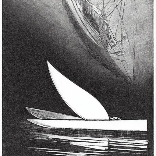 Image similar to a black and white photo of a boat in the water, concept art by hugh ferriss, behance contest winner, symbolism, lovecraftian, concept art, official art