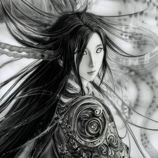 Image similar to yoshitaka amano blurred and dreamy illustration of an anime girl with black eyes, wavy white hair fluttering in the wind wearing elden ring armor and engraving, abstract black and white patterns on the background, noisy film grain effect, highly detailed, renaissance oil painting, weird portrait angle, blurred lost edges, three quarter view